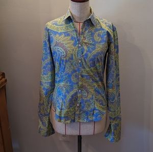 RALPH LAUREN Sz 6 Floral Paisley Woman Fitted Cotton Button Up Shirt Black Label